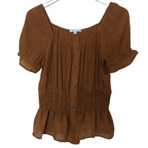 Crescent & Willow Womens Peasant Boho Top Large Button Front Warm Caramel Brown
